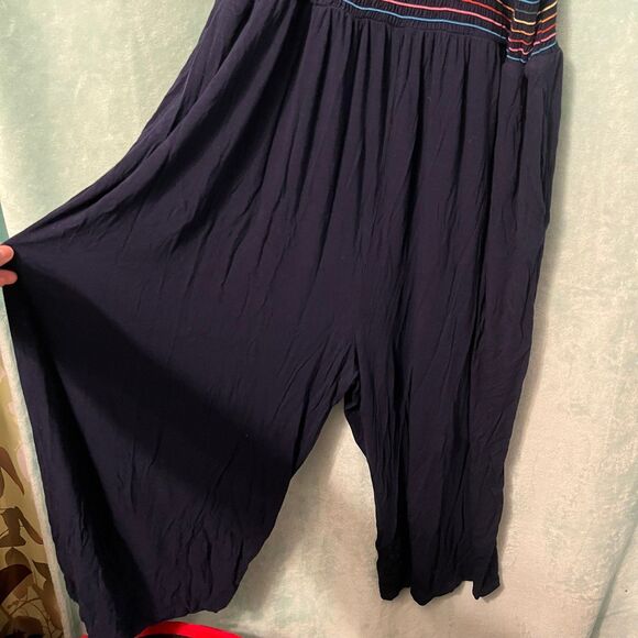 ModCloth Plus Rainbow Stripe Navy Jumpsuit Jumper 1x Smocked Flowy - Picture 2 of 5